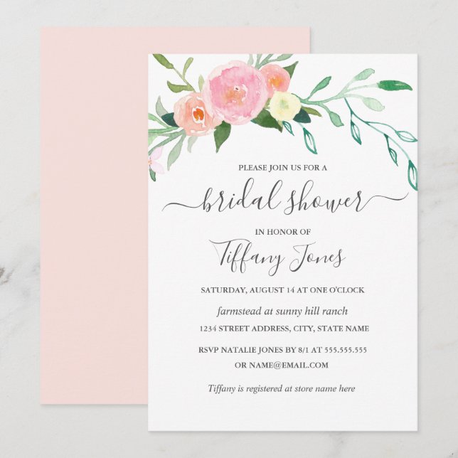 Invitation Fleurs Aquarelle Rose Pêche Mariage Moderne Shower (Devant / Derrière)