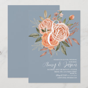 Invitation Fleurs Aquarelle Roses Péches Bleu Poussiéreux Mar