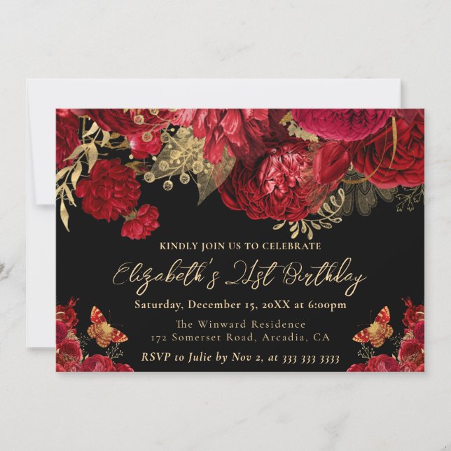 Invitation Fleurs aquarelle rouge et or 21e anniversaire (Devant)