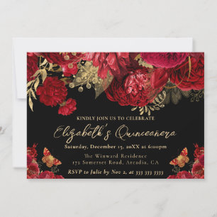 Invitation Fleurs Aquarelle Rouge et Or Quinceanera