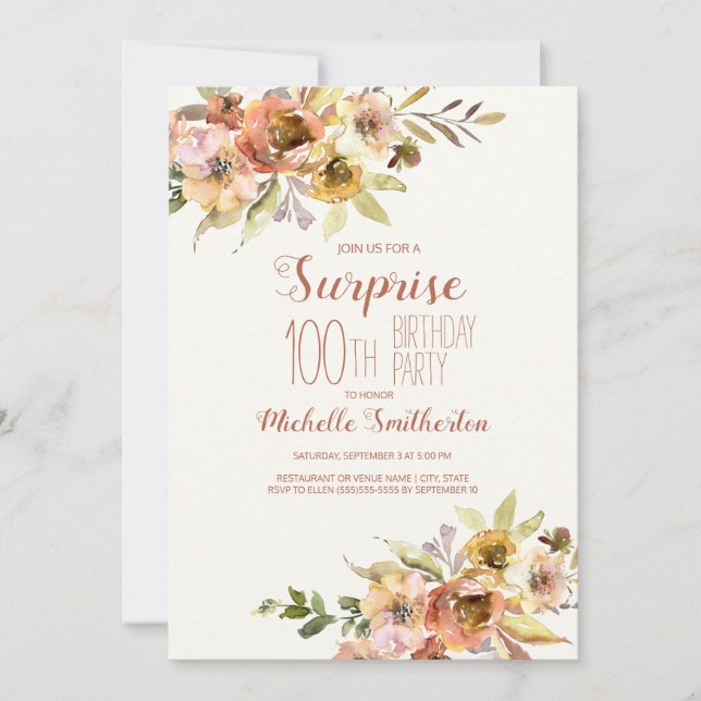 Invitation Fleurs Aquarelle Terracotta Rouille 100e Anniversa (Devant)