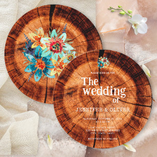 Invitation Fleurs Aquarelle Tranche de Bois Rustique Mariage