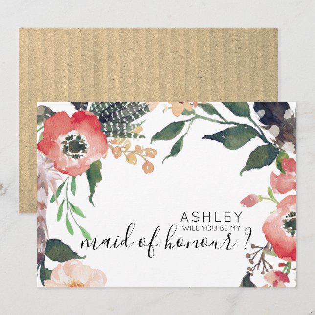Invitation Fleurs Aquarelle Veux-tu être ma demoiselle d'honn (Devant / Derrière)
