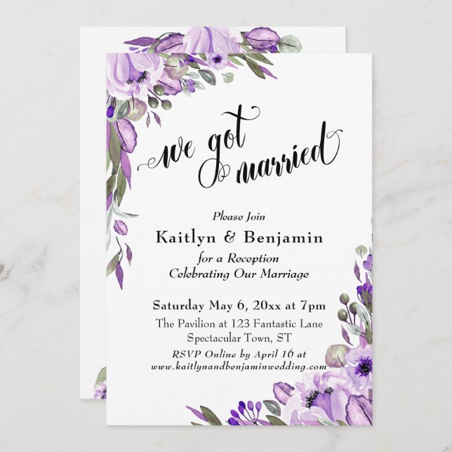 Invitation Fleurs Aquarelle Violette Nous nous sommes mariés  (Devant / Derrière)