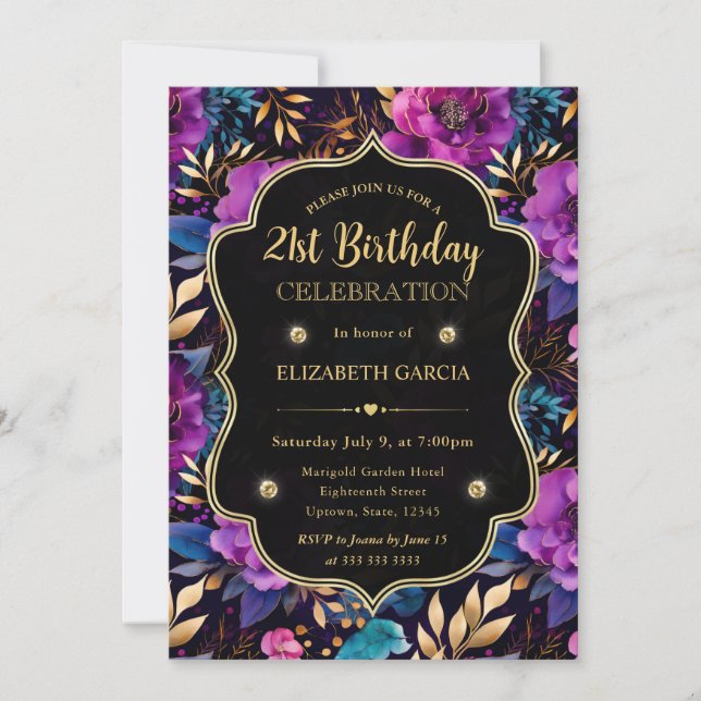 Invitation Fleurs aquarelle violettes et dorées 21e anniversa (Devant)