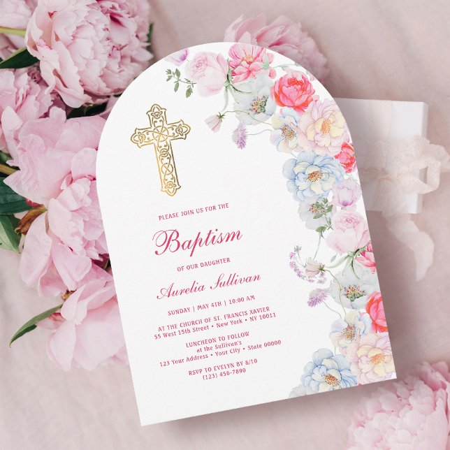 Invitation Fleurs aquarelles Arche Baptême (Créateur téléchargé)