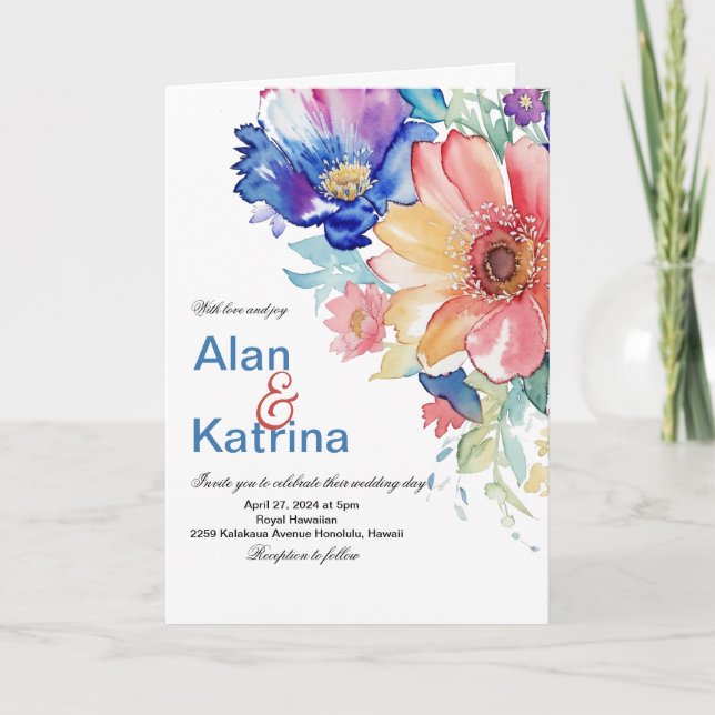 Invitation Fleurs Aquarelles Audacieuses pour un Mariage (Devant)