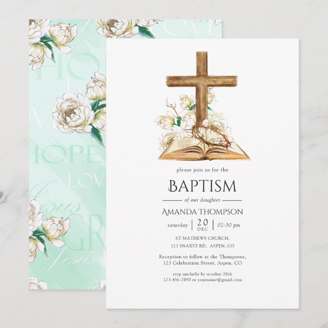 Invitation Fleurs aquarelles Baptême/ Christening/ Dédicace (Devant / Derrière)
