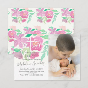 Invitation Fleurs aquarelles baptême rose 