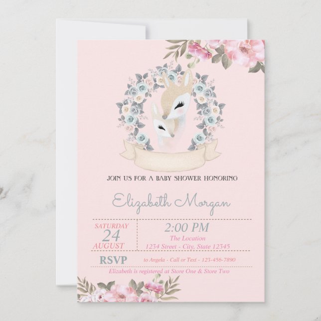 Invitation Fleurs aquarelles bébé faons Baby Shower  (Devant)