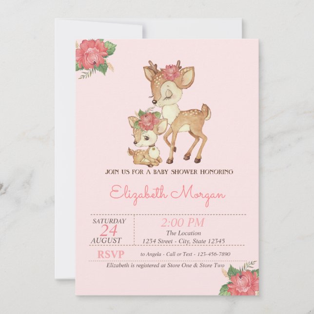 Invitation Fleurs Aquarelles Bébés Cerfs Baby Shower (Devant)