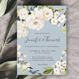 Invitation Fleurs aquarelles blanches sur mariage bleu poussi