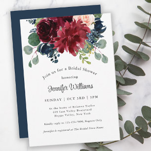 Invitation Fleurs Aquarelles Bleu Marine et Bourgogne