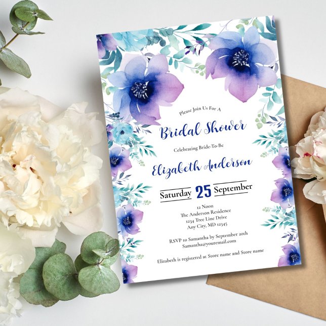 Invitation Fleurs aquarelles bleues et violettes pour la douc (Blue Purple Watercolor Floral Bridal Shower invitation)