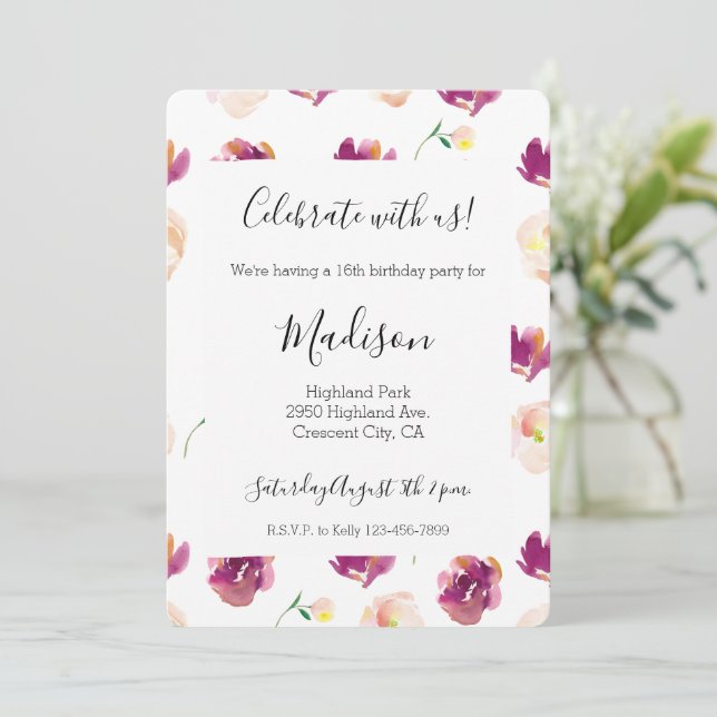 Invitation Fleurs aquarelles bordeaux pêche rose (Debout devant)