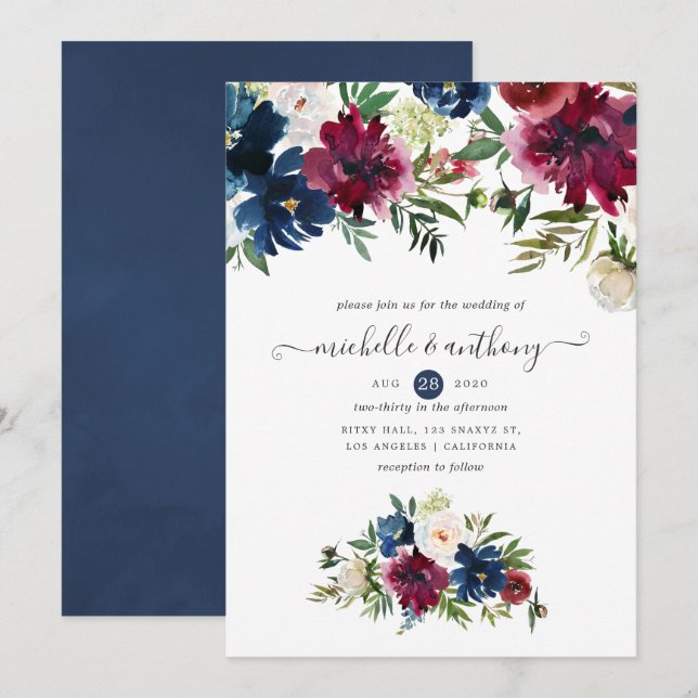Invitation Fleurs aquarelles Bordo et Navy (Devant / Derrière)