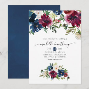 Invitation Fleurs aquarelles Bordo et Navy