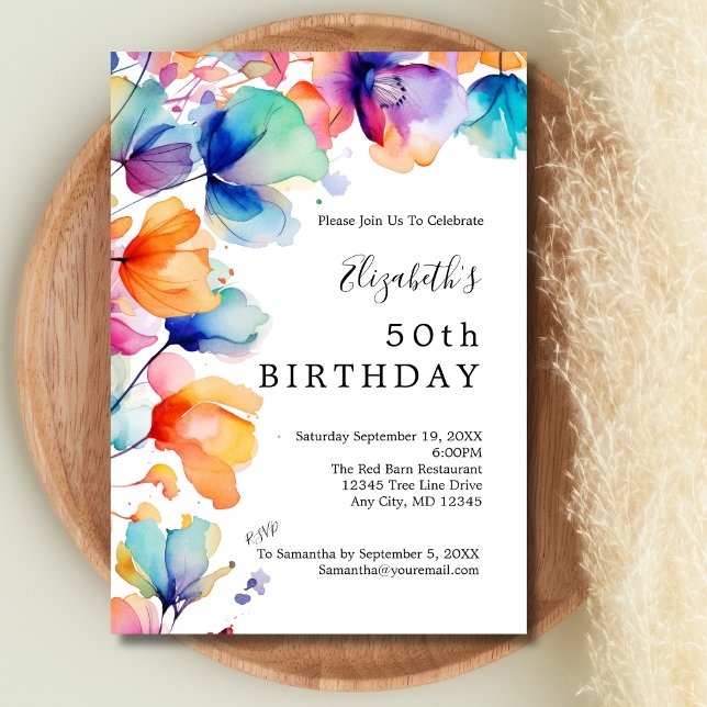 Invitation Fleurs Aquarelles Brillantes 50e Anniversaire (Orange Blue Purple Bright Watercolor flowers 50th Birthday ( or any year ) Invitation for her)