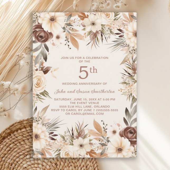 Invitation Fleurs aquarelles brunes et crème Boho 5e annivers (Rustic boho-style 5th wedding anniversary invitation)