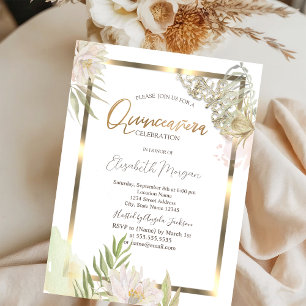 Invitation Fleurs aquarelles cadre doré Quinceañera
