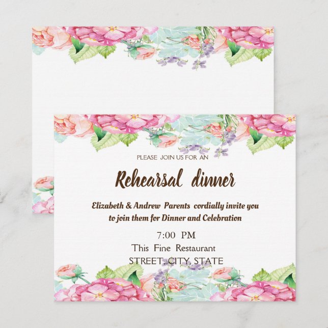 Invitation Fleurs aquarelles chic dîner de répétition de mari (Devant / Derrière)