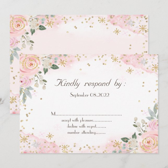 Invitation Fleurs aquarelles chic flocons de neige RSVP  (Devant / Derrière)