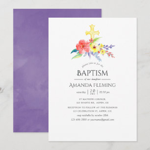 Invitation Fleurs aquarelles colorées baptême ou christening