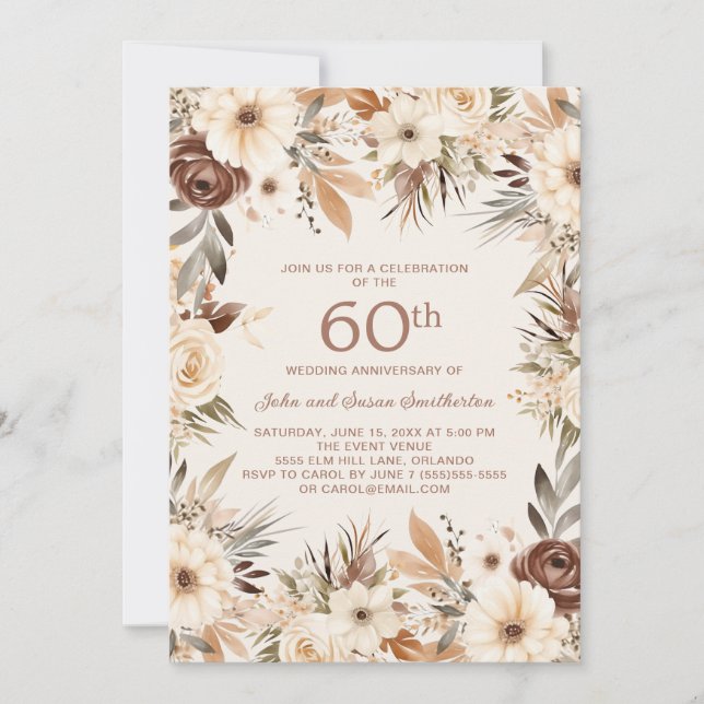 Invitation Fleurs aquarelles crème marron 60e anniversaire (Devant)