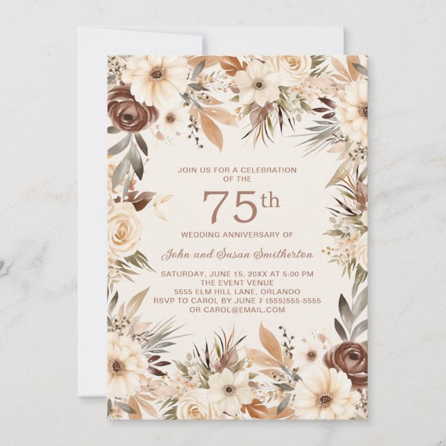 Invitation Fleurs aquarelles crème marron 75e anniversaire (Devant)