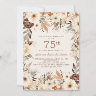 Invitation Fleurs aquarelles crème marron 75e anniversaire