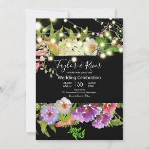 Invitation Fleurs aquarelles de l'été avec guirlandes lumineu