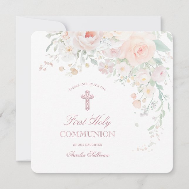 Invitation Fleurs Aquarelles Douces Première Communion (Devant)