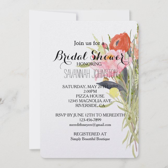Invitation Fleurs aquarelles douche de mariée (Devant)