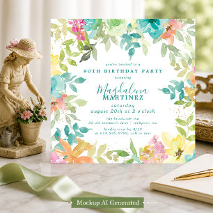 Invitation Fleurs aquarelles estivales carré 90e anniversaire