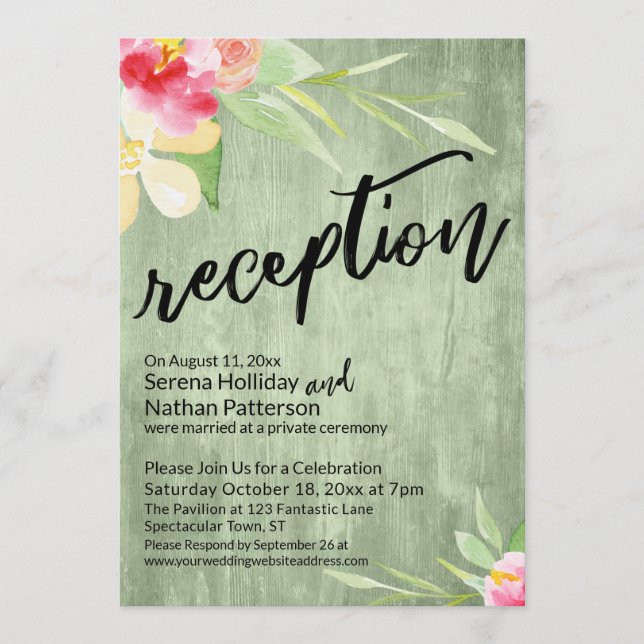 Invitation Fleurs aquarelles et réception en bois vert rustiq (Devant)