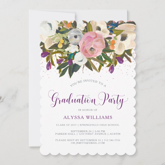 Invitation Fleurs aquarelles | Faux Parties scintillant Gradu (Devant)
