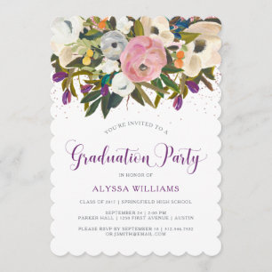 Invitation Fleurs aquarelles Faux Parties scintillant Gradu