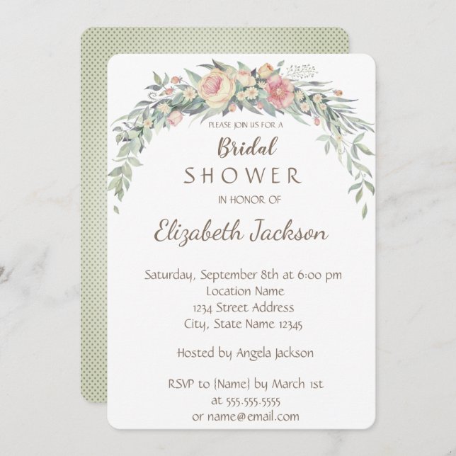 Invitation Fleurs aquarelles, Fête des mariées Pois (Devant / Derrière)