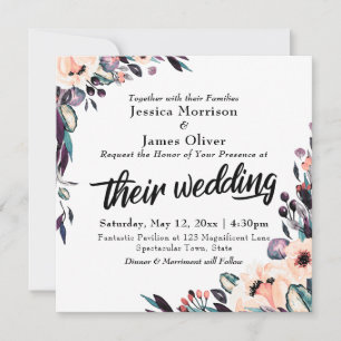 Invitation Fleurs aquarelles grasses et écriture "Leur mariag