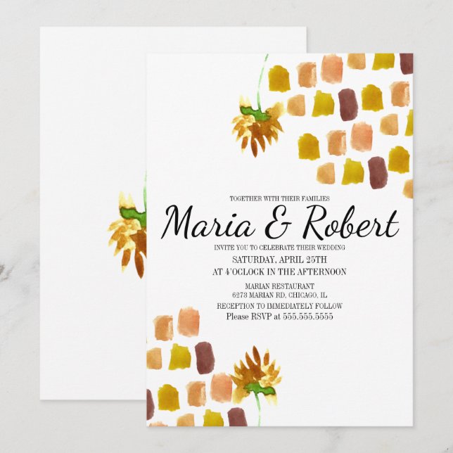 Invitation Fleurs aquarelles jaunes de printemps Coin peintre (Devant / Derrière)