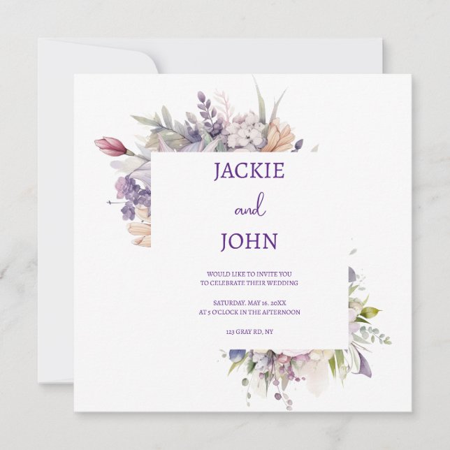 Invitation Fleurs aquarelles. Mariage. (Devant)