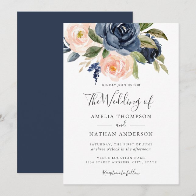 Invitation Fleurs aquarelles mariage bleu marine pêche  (Devant / Derrière)