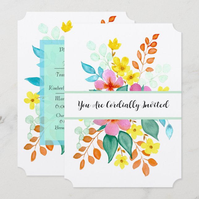 Invitation Fleurs aquarelles modernes aux couleurs vives (Devant / Derrière)