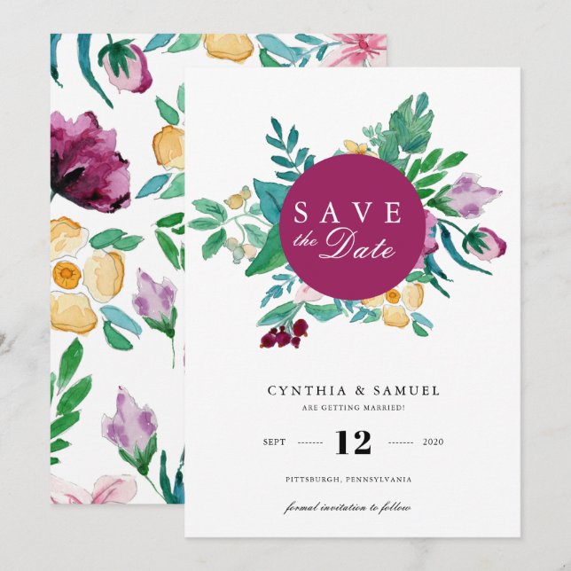 Invitation Fleurs Aquarelles Modernes Sauvegarder la Date (Devant / Derrière)