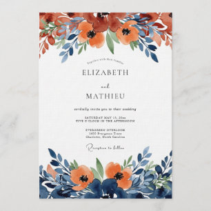 Invitation Fleurs aquarelles orange brûlé pour mariage