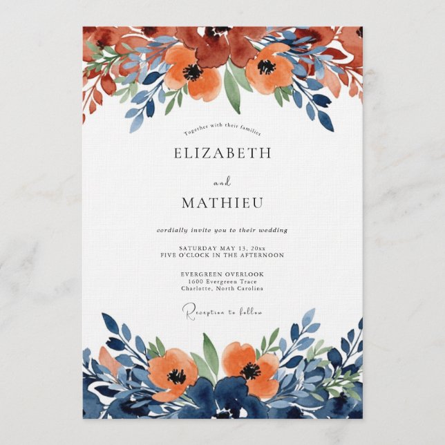 Invitation Fleurs aquarelles orange brûlé pour mariage (Devant)