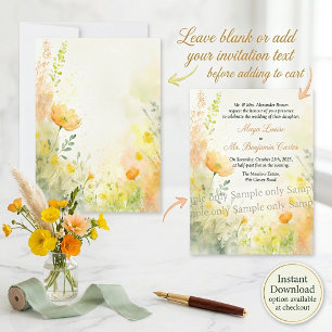 Invitation Fleurs aquarelles orange et jaune pour mariage vie
