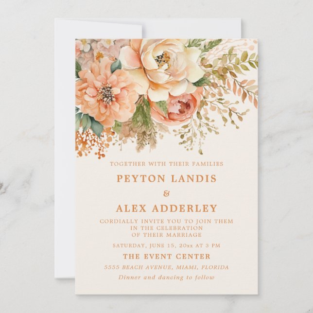 Invitation Fleurs aquarelles pêche crème de sage vert mariage (Devant)