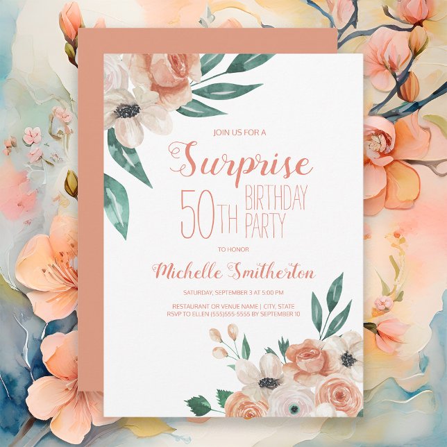 Invitation Fleurs aquarelles pêche Surprise 50e Anniversaire (Elegant peach watercolor floral women's 50th birthday party invitation)