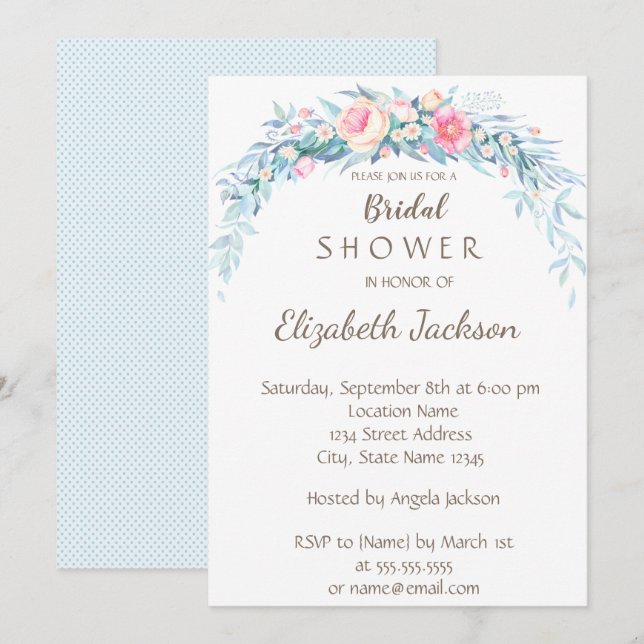 Invitation Fleurs aquarelles points polka   douche de mariée (Devant / Derrière)